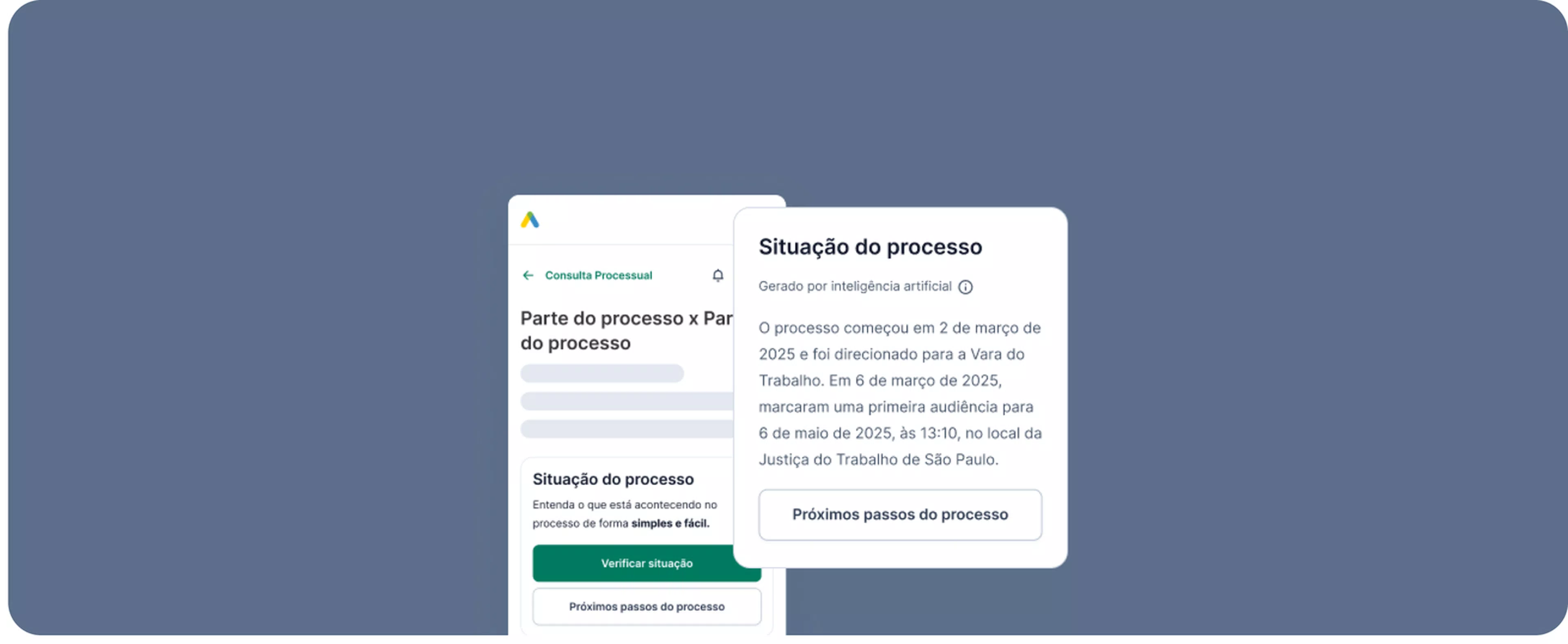 Interface do Jusbrasil explicando a situação atual de um processo em linguagem simples